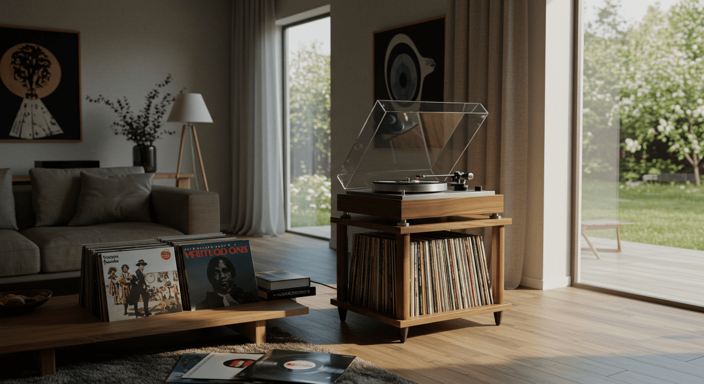 Plattenspieler mit Vinylplatten mitten im Wohnzimmer